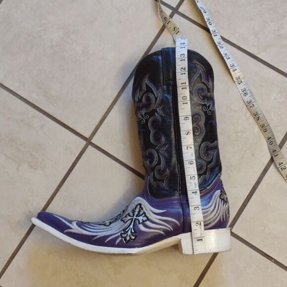 Aguila Real Botas Vaquera Boot leather Point toe western silver cross purple - Picture 12 of 16